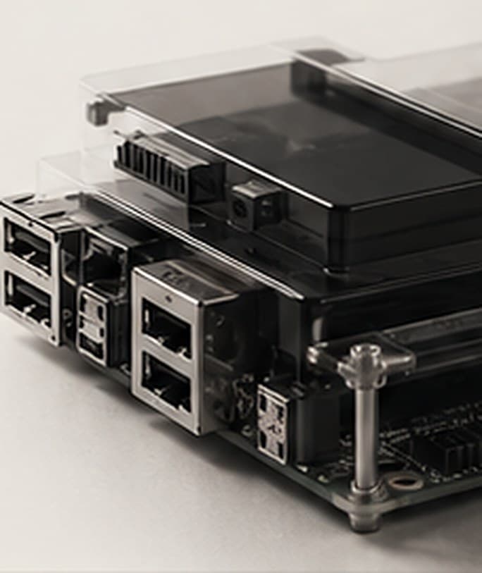 A Raspberry Pi 5 board with a case, seen from the side.